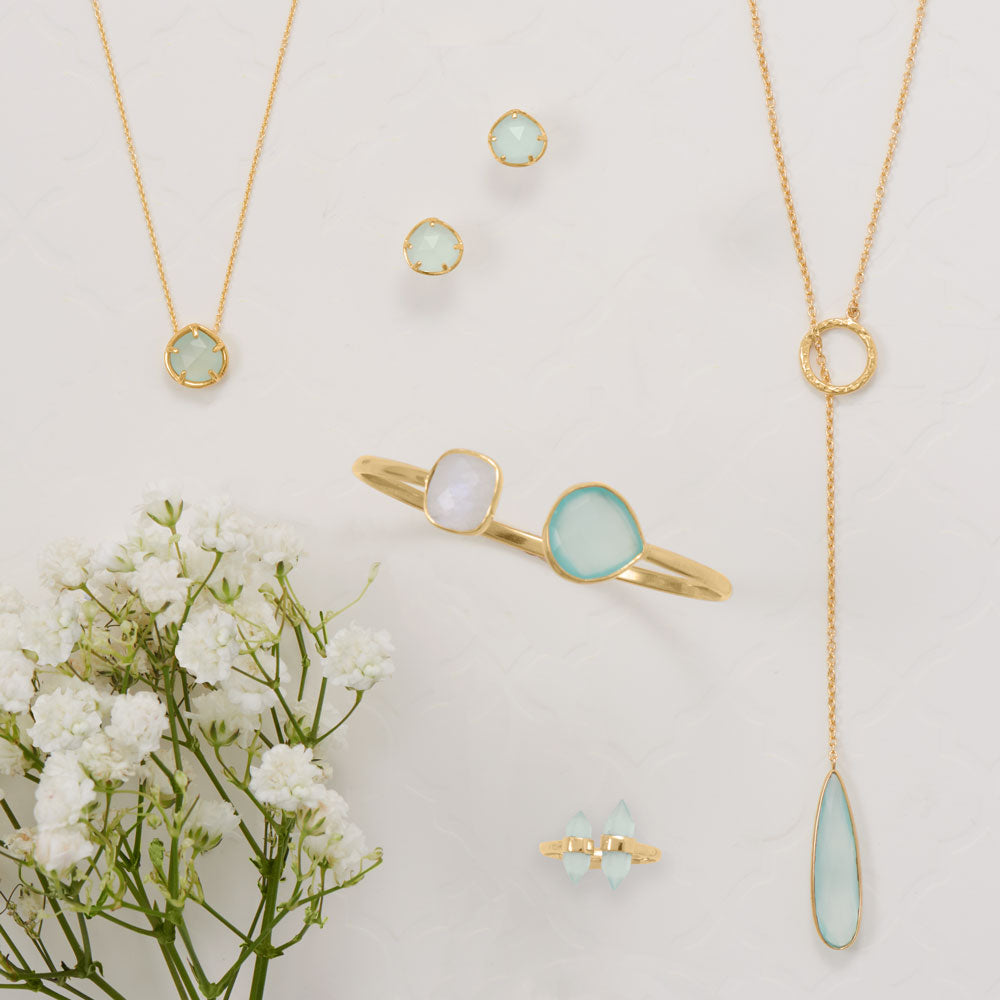 Adjustable, 18 inches, Aqua Pear Chalcedony in 14k Yellow Gold over 925 Sterling Silver Necklace - Sparks and Gem