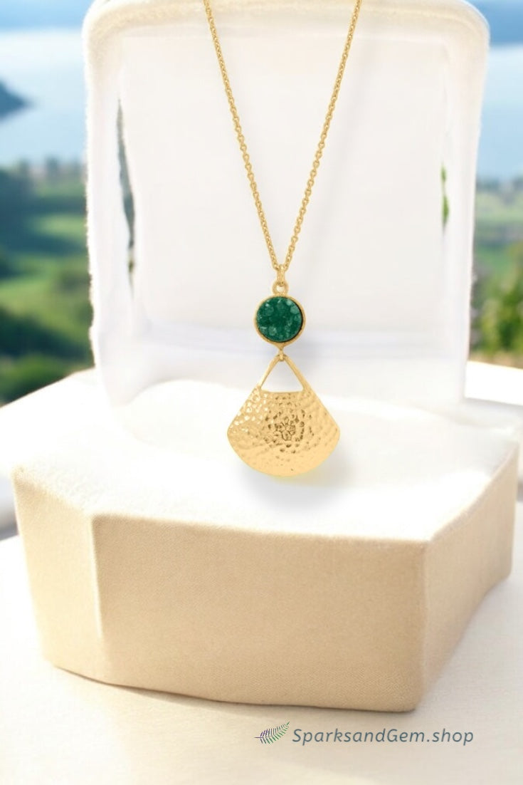 Green Druzy and Fan Drop Pendant Design, Adjustable, Yellow Gold Vermeil Necklace - Sparks and Gem