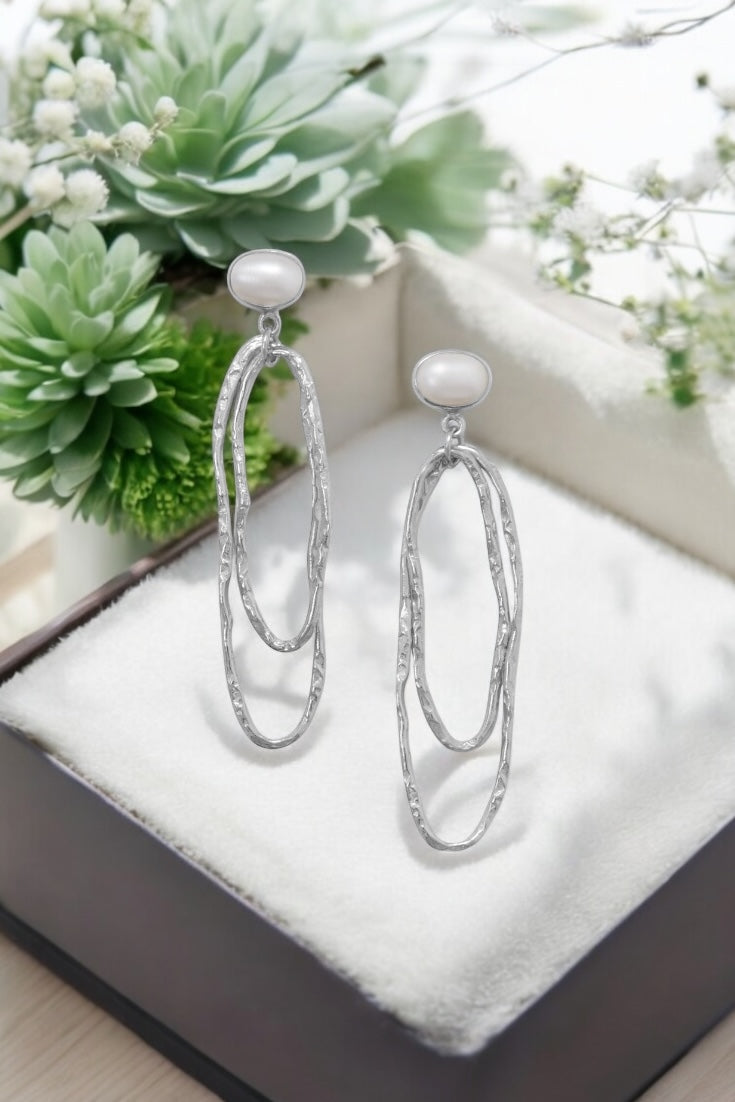 Cultured Freshwater Pearl and Textured Sterling Silver Drop Earrings - Sparks and Gem