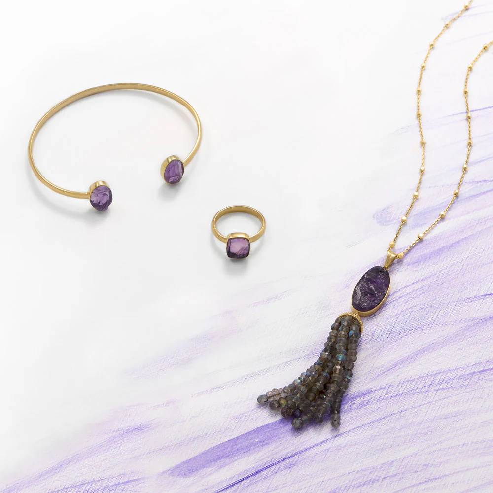 Adjustable Amethyst and Labradorite Gold Tassel Necklace from Sparks and Gem (A+ BBB Rating) #925SterlingSilver #14kYellowGoldNecklace #YellowGoldTasselNecklace #AmerhystTasselNecklace #GiftIdea