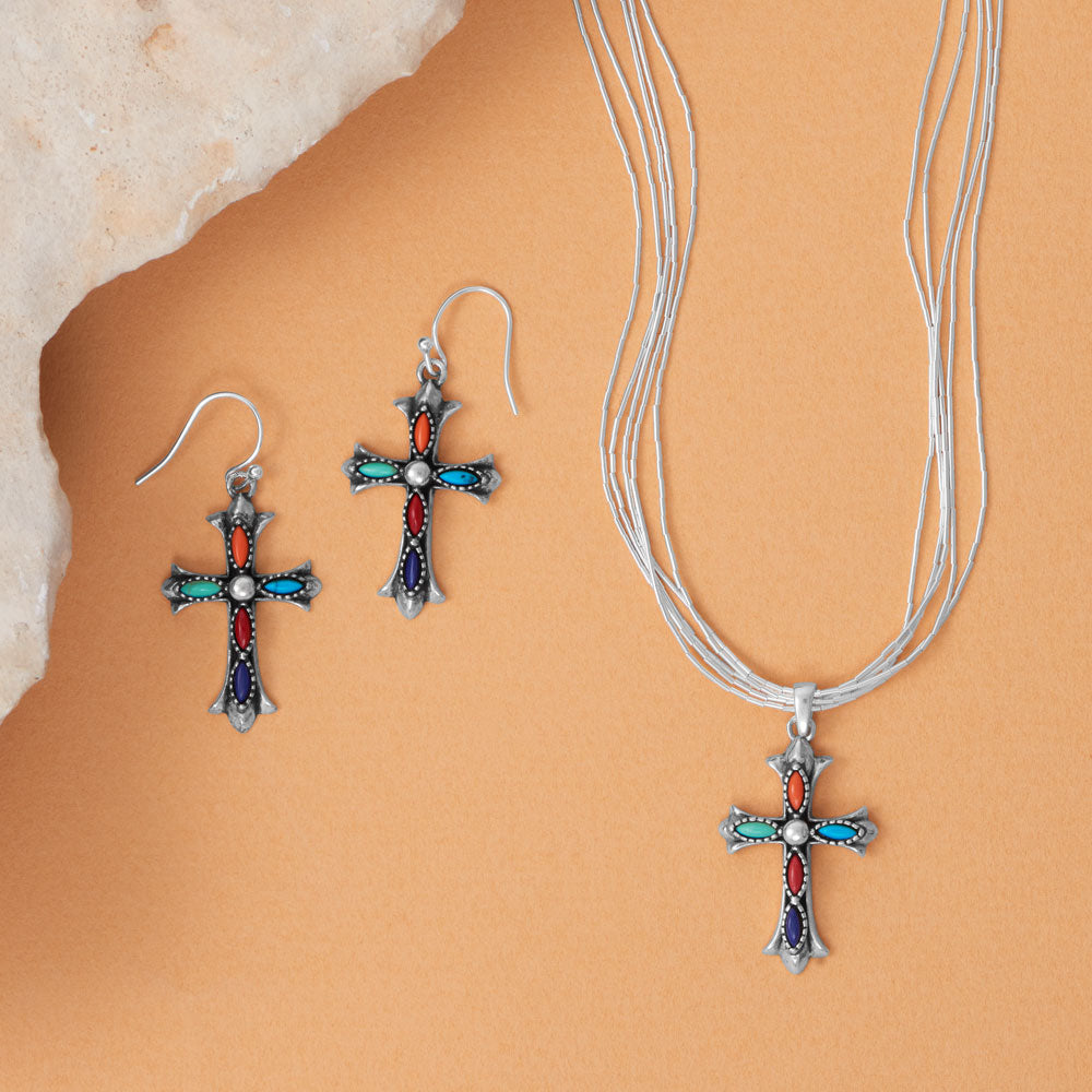 Oxidized Sterling Silver and Multicolor Stone Cross Pendant - Sparks and Gem