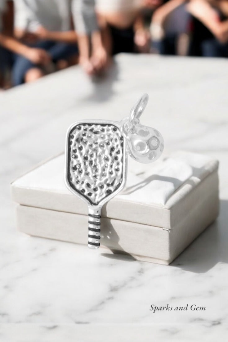 3D Pickleball and Paddle Sterling Silver Charm