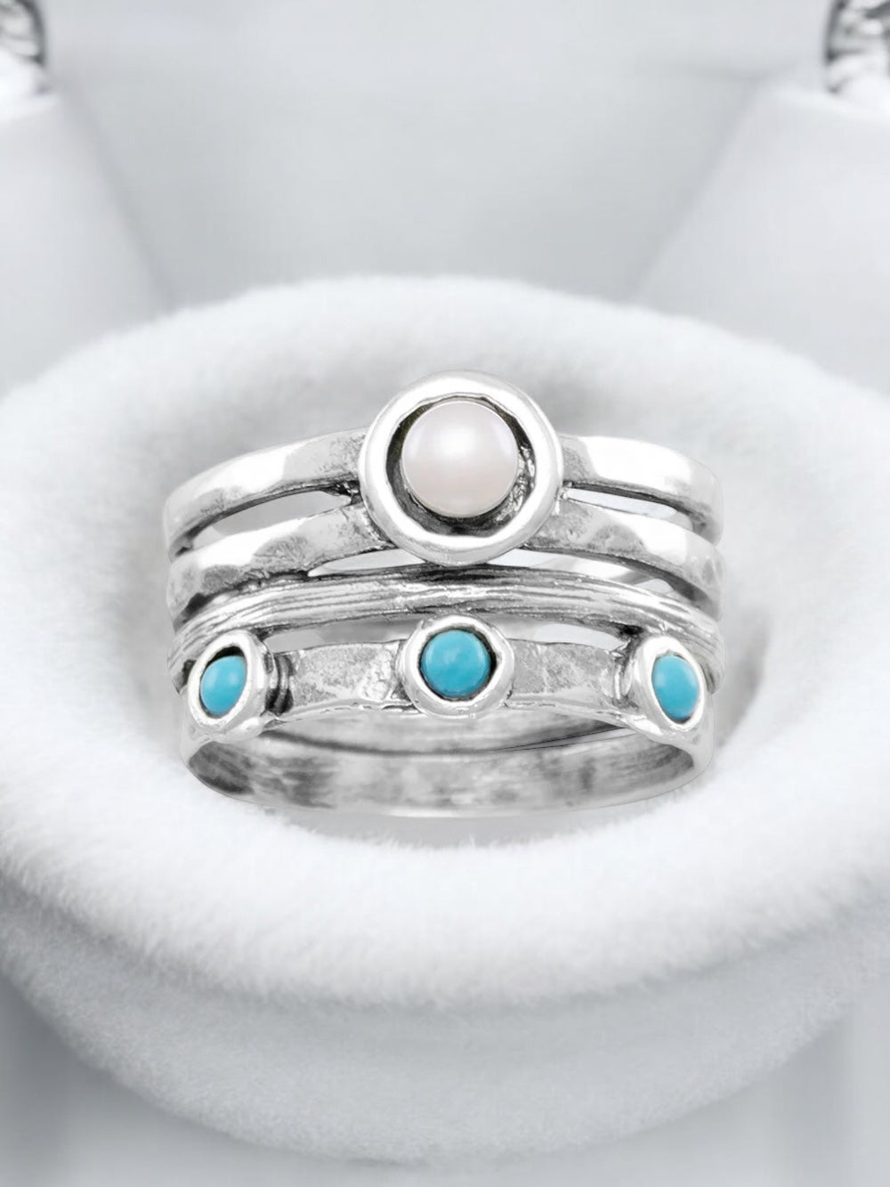 Reconstituted Turquoise and Cultured Freshwater Pearl Sterling Silver Ring - Sparks and Gem