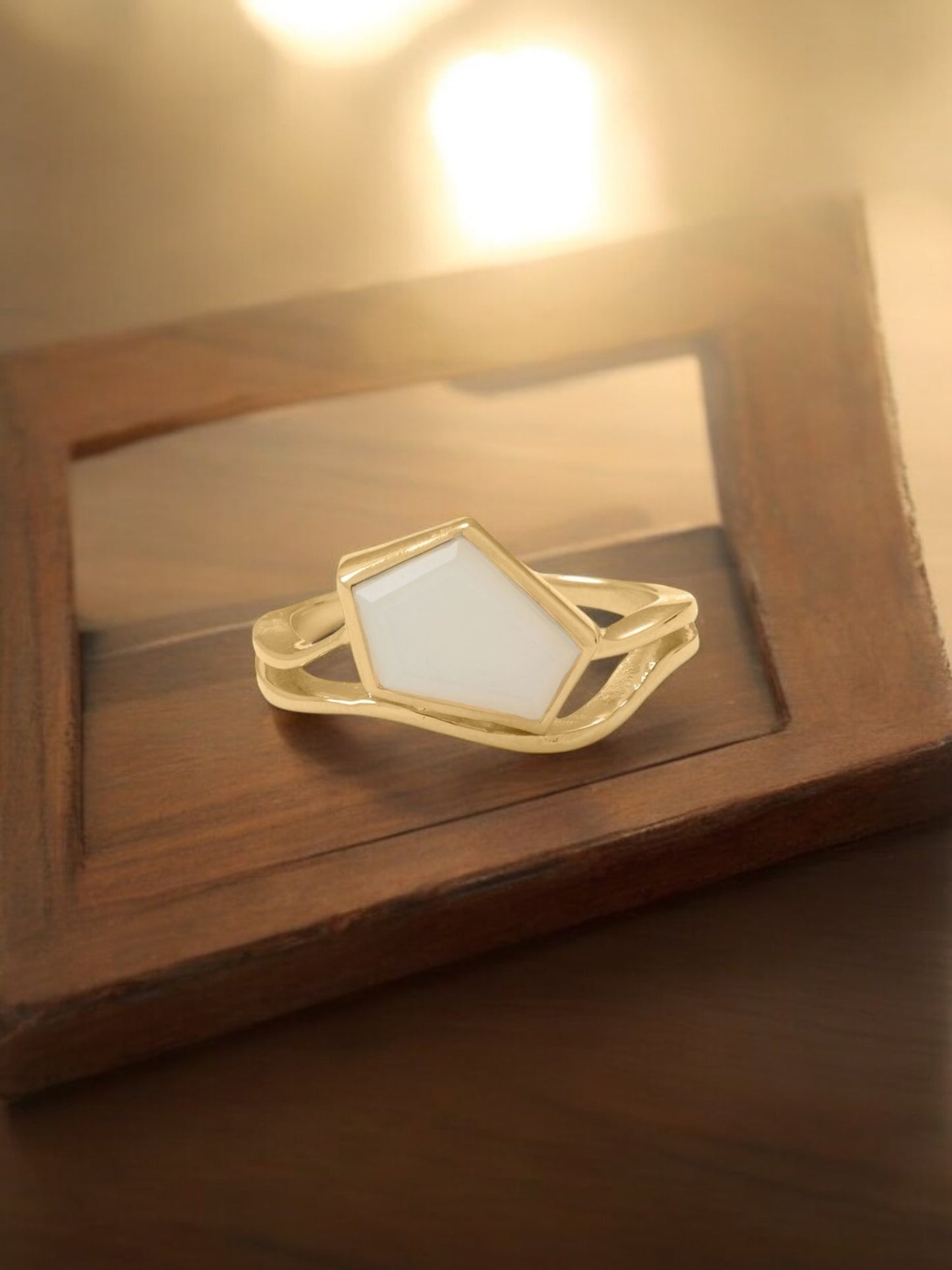 Pentagon Moonstone Yellow Gold Ring - Sparks and Gem