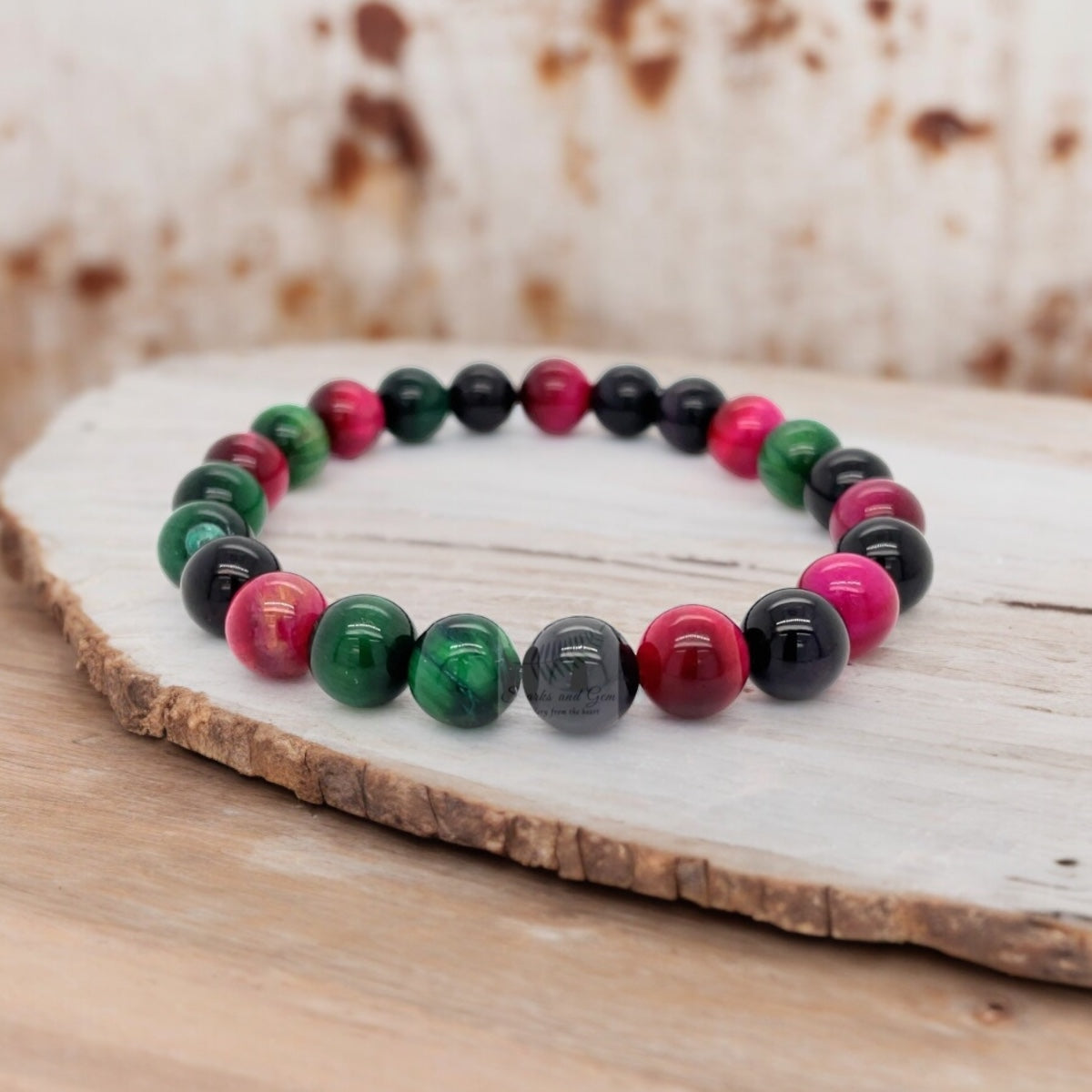 8mm Red and Green Tiger Eye Stretch Bracelet - Sparks and Gem