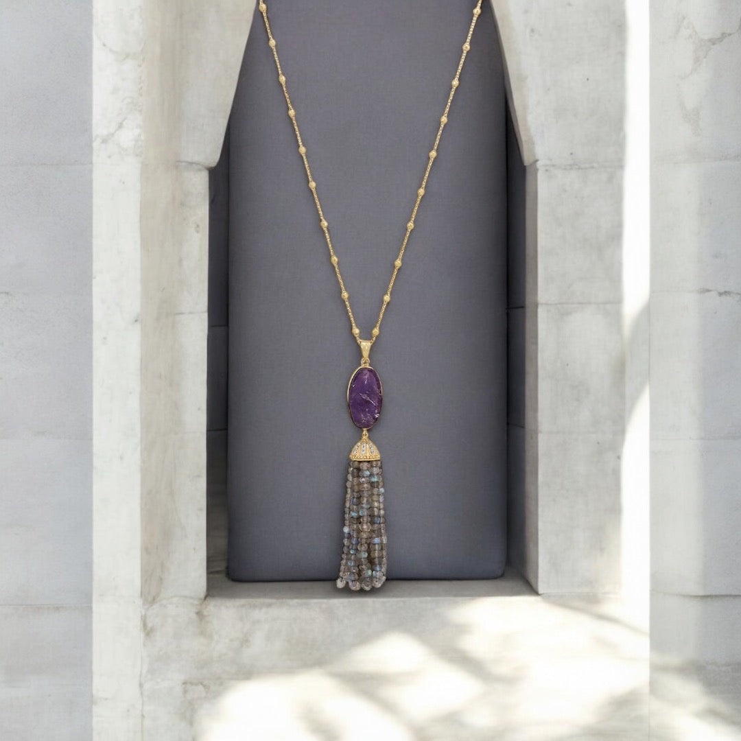 Adjustable Amethyst and Labradorite Gold Tassel Necklace from Sparks and Gem (A+ BBB Rating) #925SterlingSilver #14kYellowGoldNecklace #YellowGoldTasselNecklace #AmerhystTasselNecklace #GiftIdea