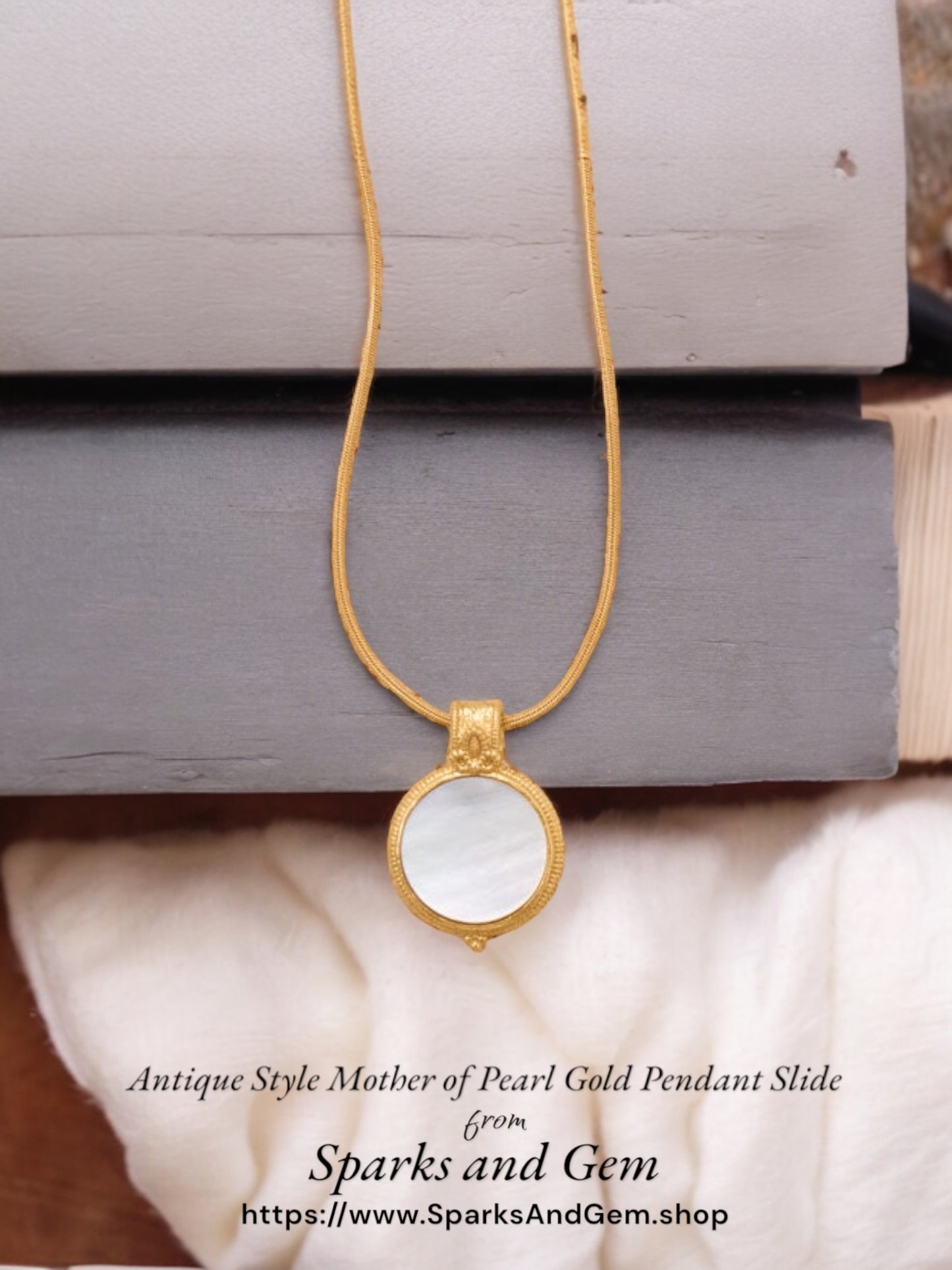 Antique Style Mother of Pearl Gold Pendant Slide - Sparks and Gem