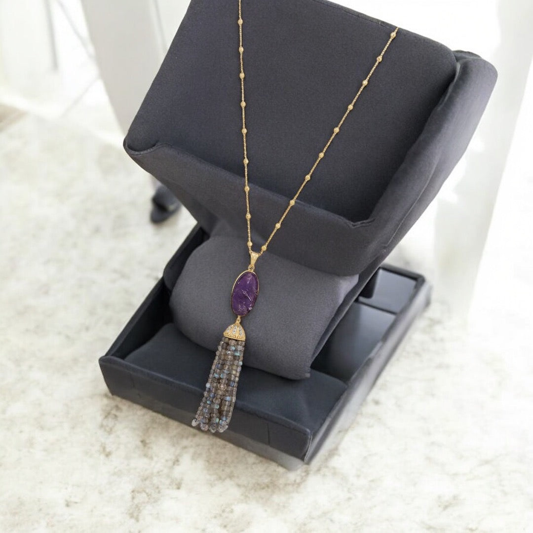 Adjustable Amethyst and Labradorite Gold Tassel Necklace from Sparks and Gem (A+ BBB Rating) #925SterlingSilver #14kYellowGoldNecklace #YellowGoldTasselNecklace #AmerhystTasselNecklace #GiftIdea