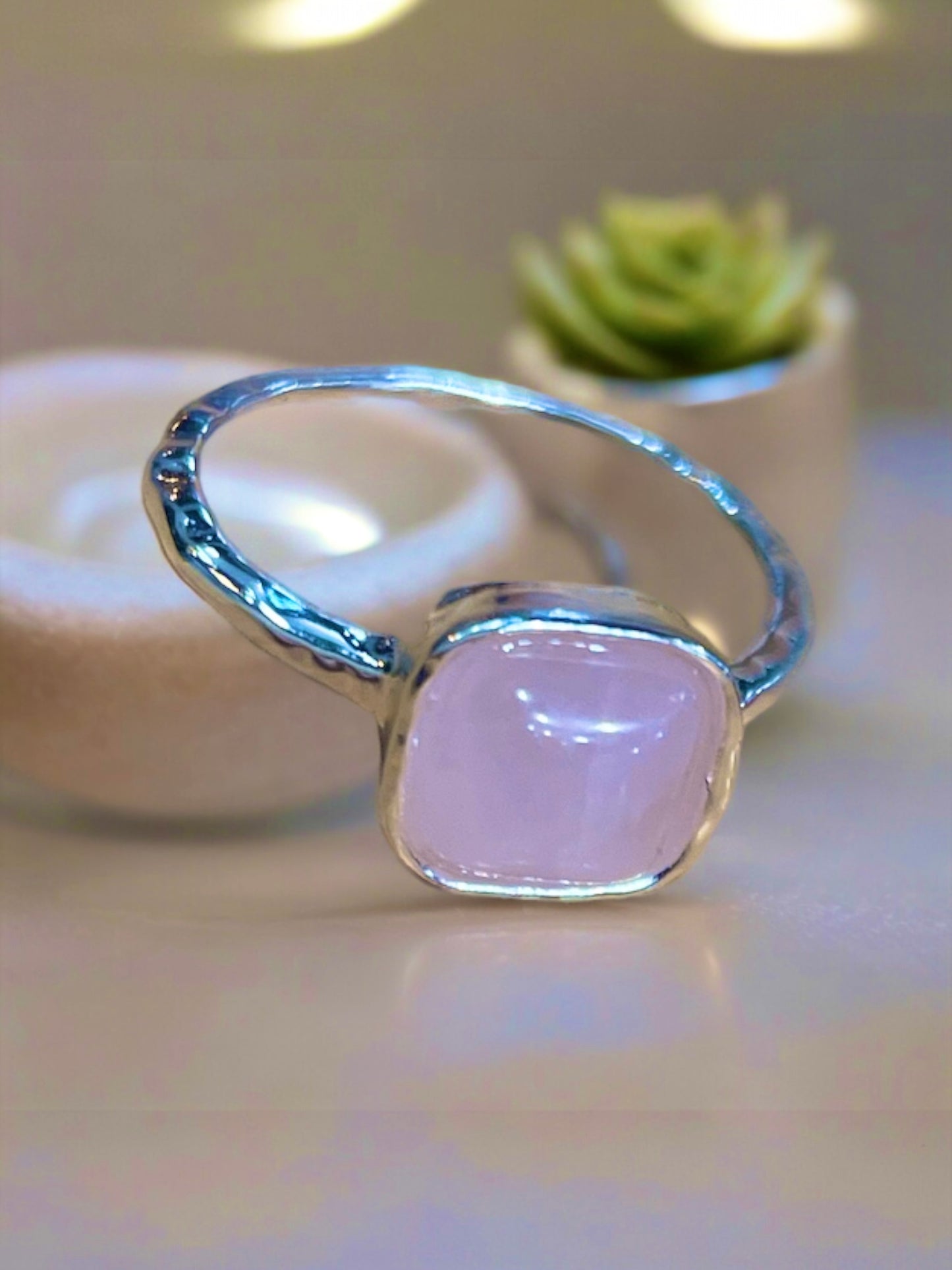 Cushion Cut Rose Quartz Sterling Silver Ring - More rings, bracelets, necklaces, earrings, anklets, charms, chains and toe rings in a variety of shapes, sizes and styles like geometric, cocktail, statement, bands, spinner, spoon, layered, long, collar, choker, climber, cuff, bangle, stretch, single, double, triple a or multi strands, beaded, curb, wheat, rope, Figaro, cable chains and more at Sparks and Gem