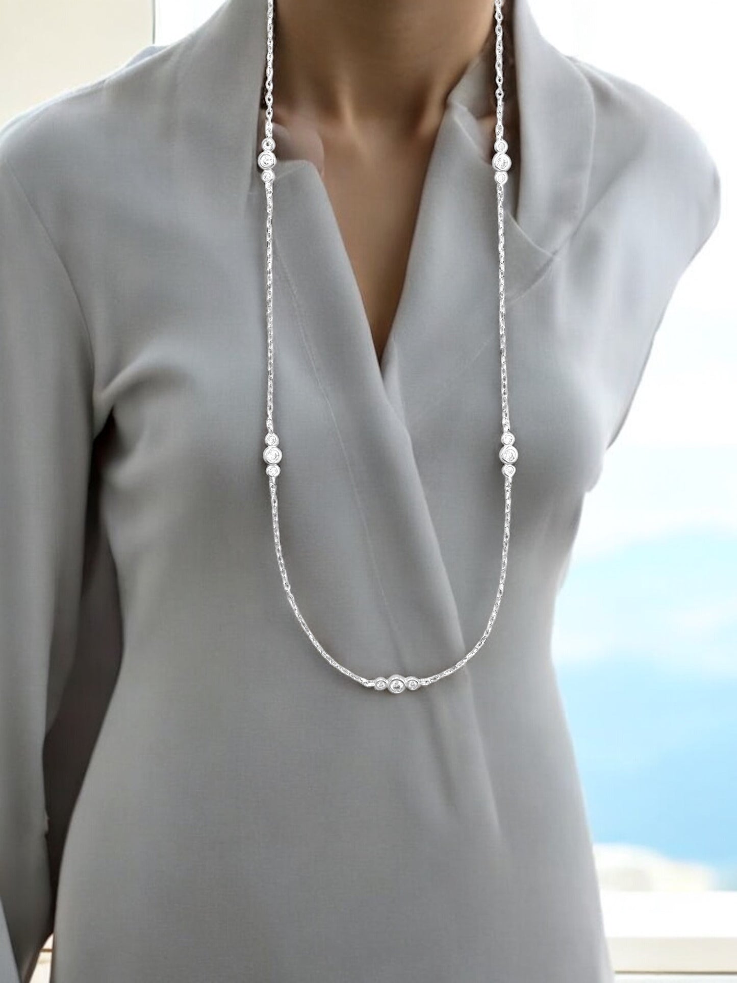 30" 13 Station Cubic Zirconia and Sterling Silver Necklace