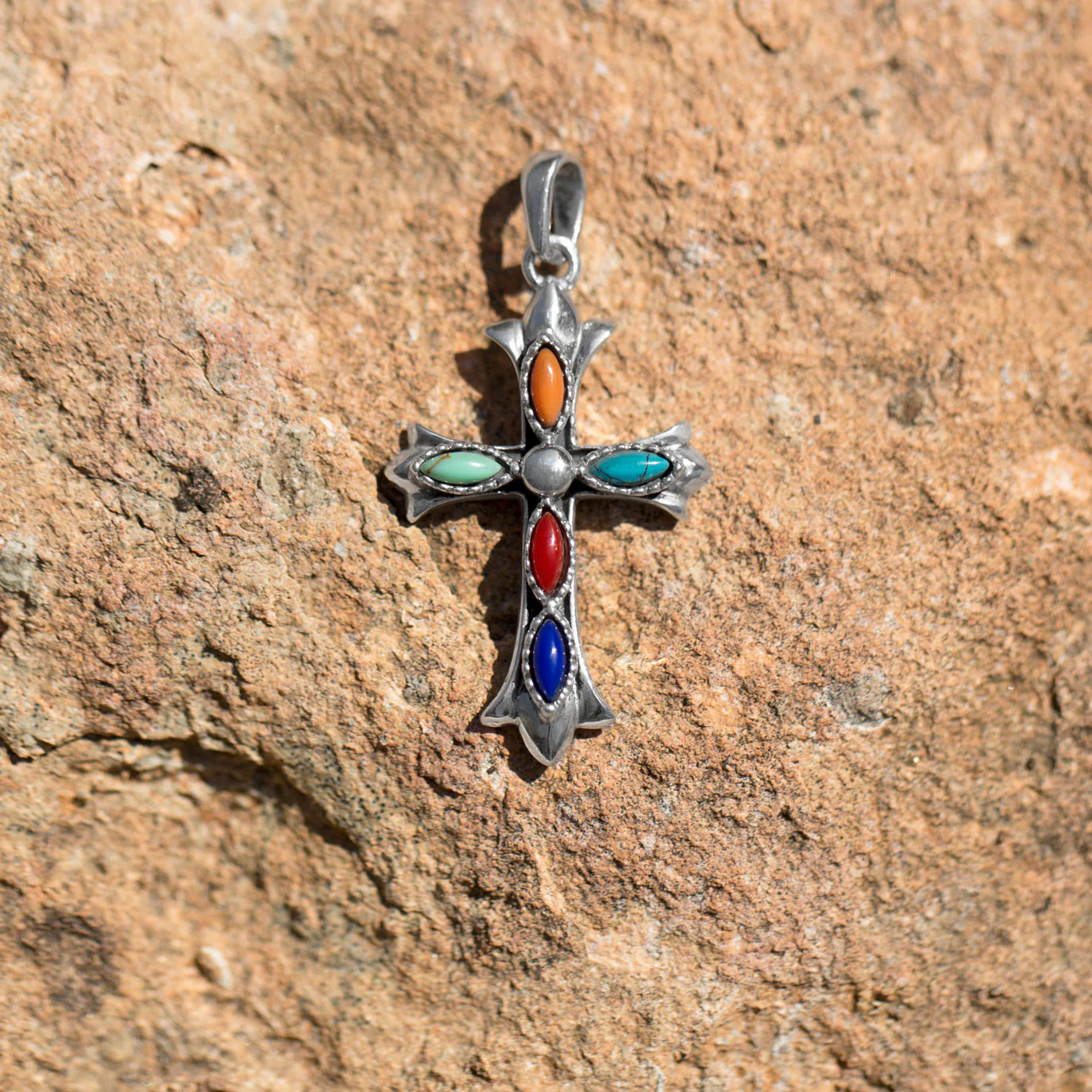 Oxidized Sterling Silver and Multicolor Stone Cross Pendant - Sparks and Gem