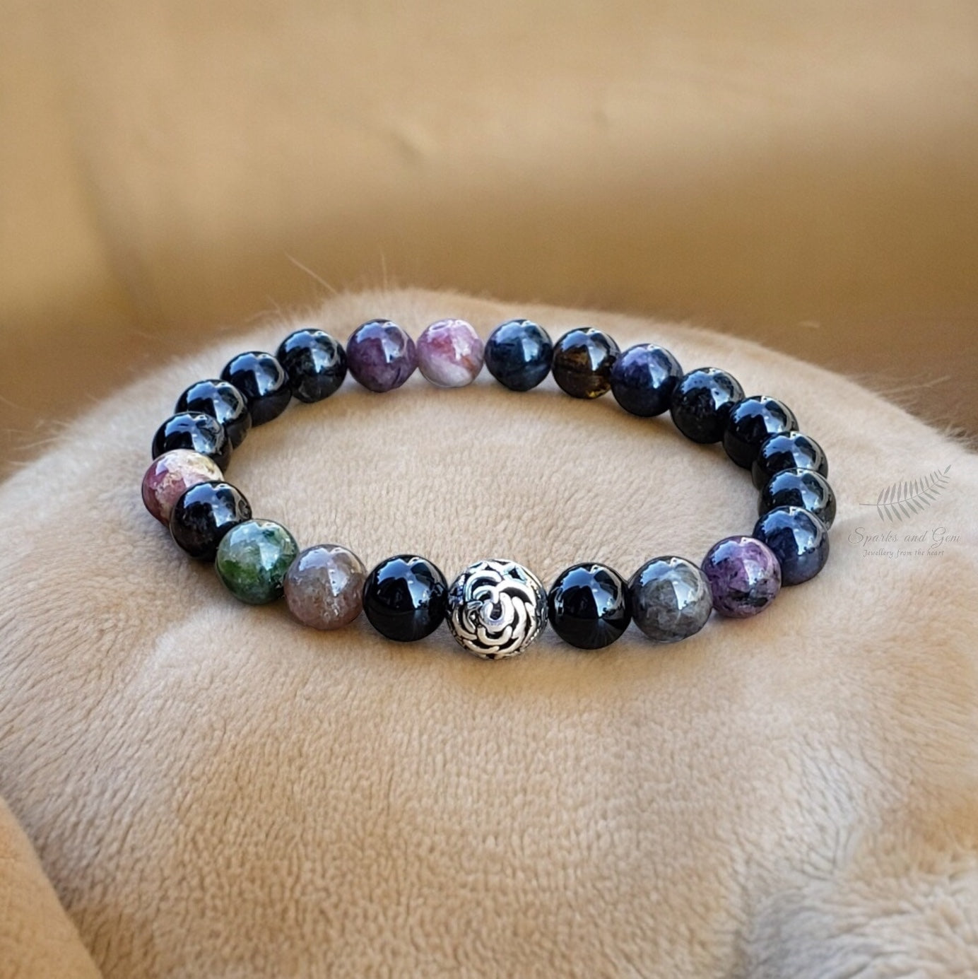 Multi Tourmaline Bracelet with Round Sterling Silver Filigree Charm - Sparks and Gem