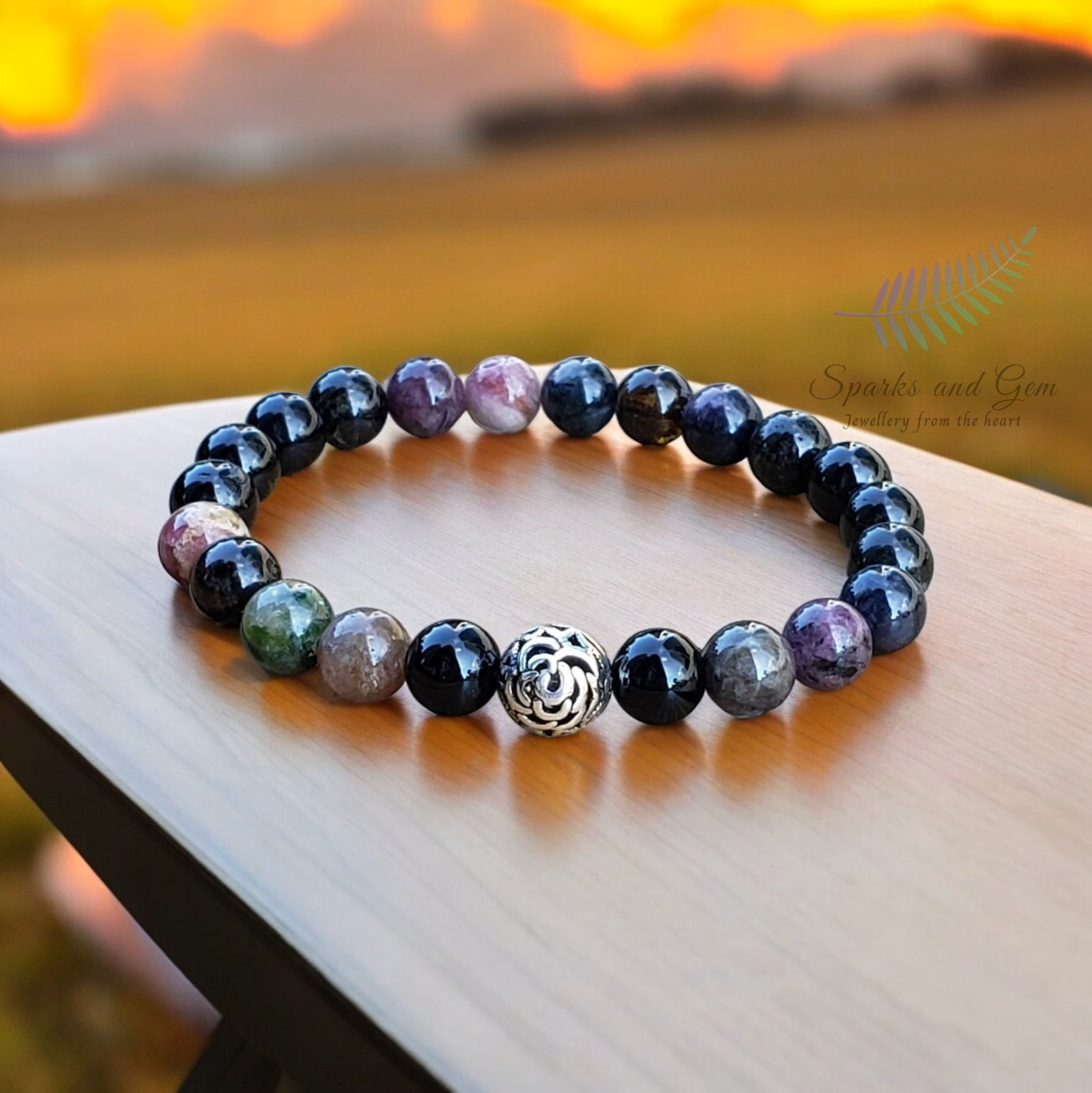 Multi Tourmaline Bracelet with Round Sterling Silver Filigree Charm - Sparks and Gem