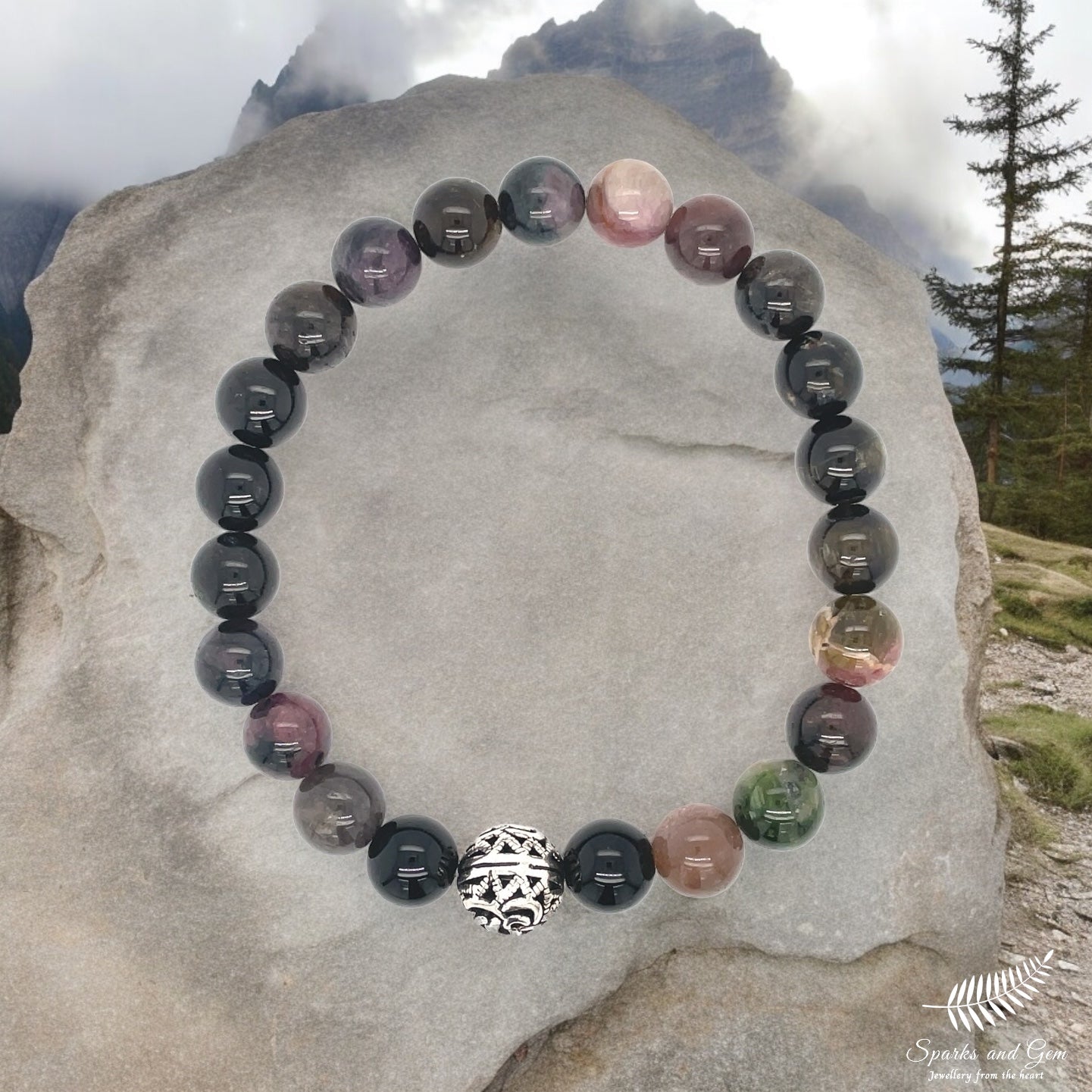 Multi Tourmaline Bracelet with Round Sterling Silver Filigree Charm - Sparks and Gem