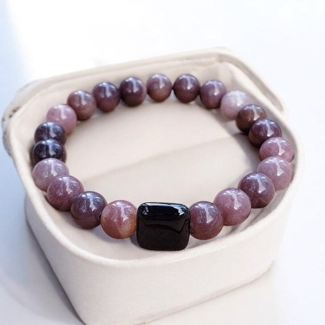 Purple Aventurine and Square Onyx Gemstone Stretch Bracelet - Sparks and Gem