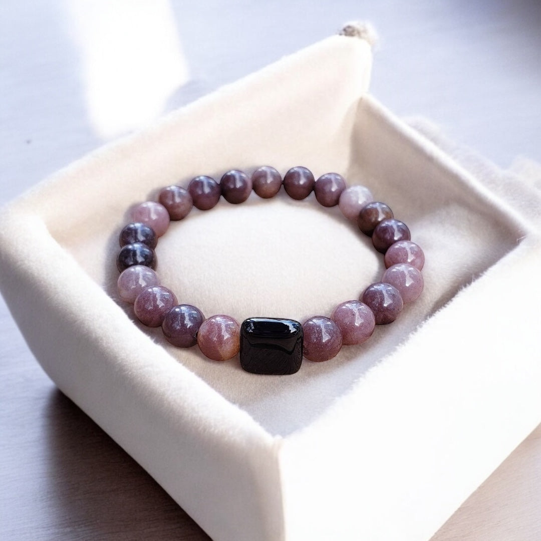 Purple Aventurine and Square Onyx Gemstone Stretch Bracelet - Sparks and Gem