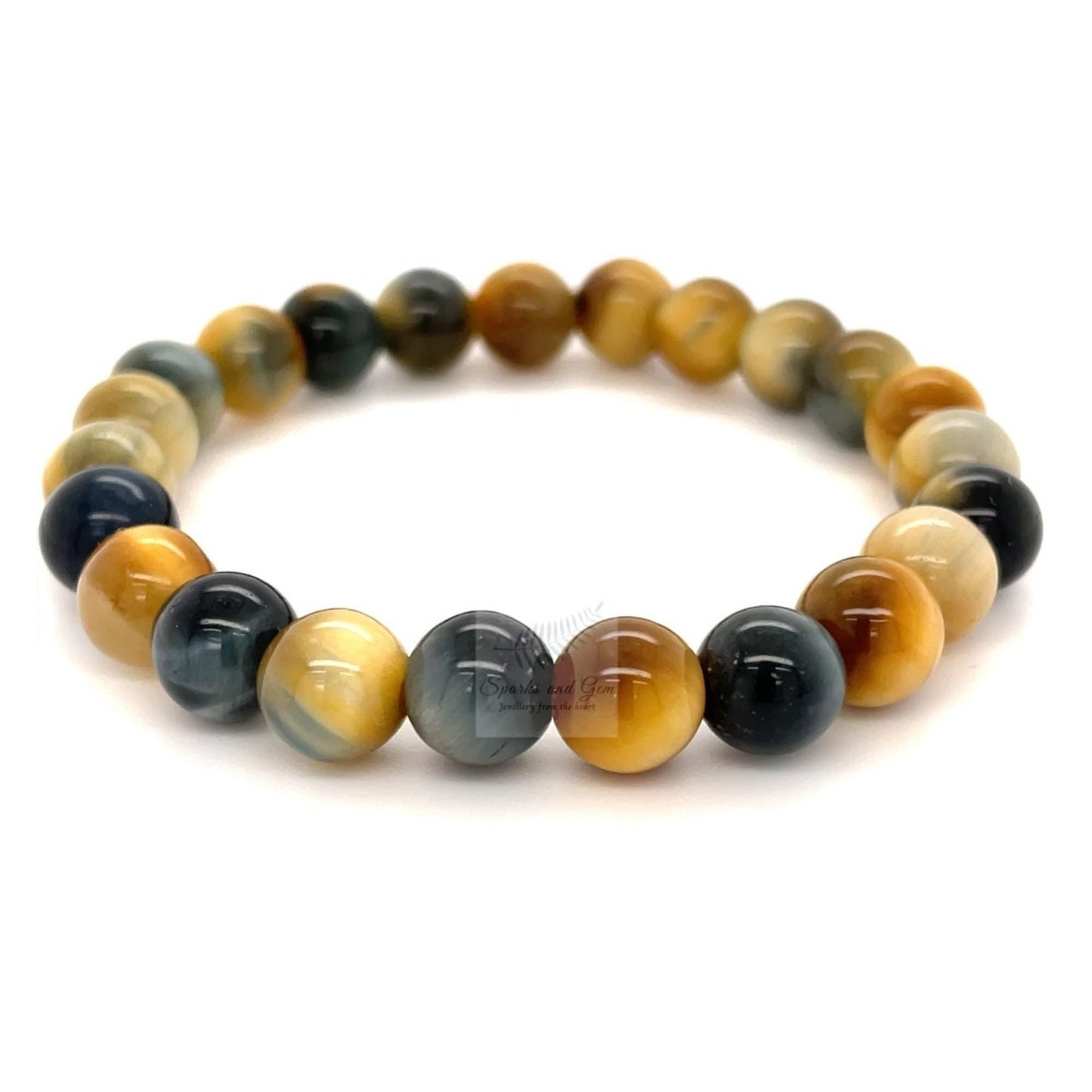 Blue and Golden Beaded Tiger’s Eye Gemstone Stretch Bracelet - Sparks and Gem
