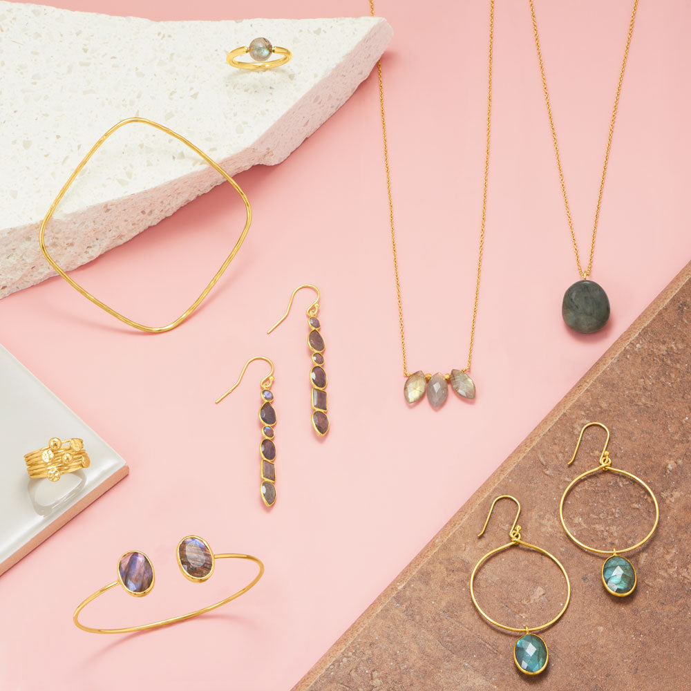 Adjustable Marquise Labradorite and Yellow Gold Necklace - Sparks and Gem