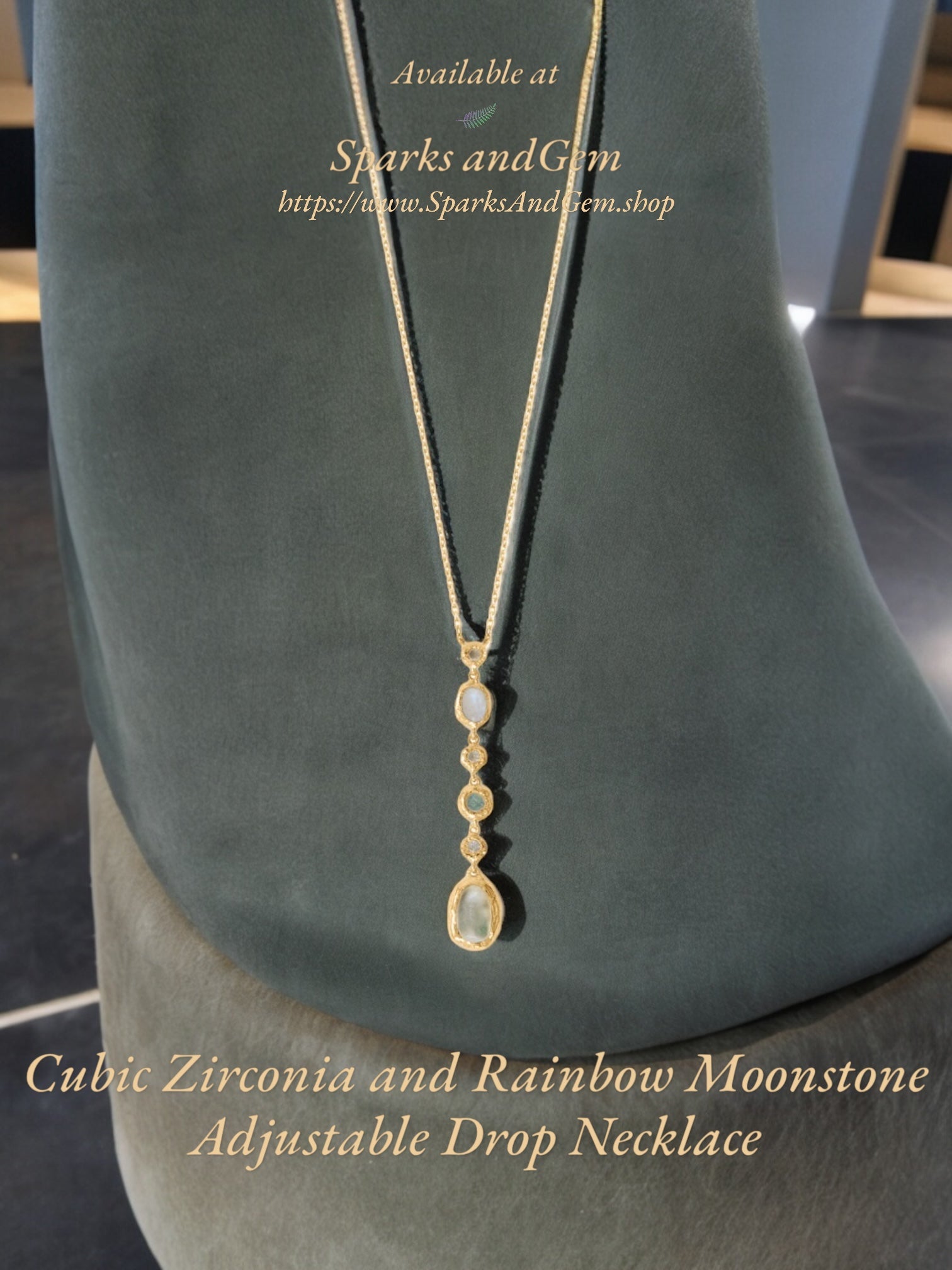 Textured Cubic Zirconia and Rainbow Moonstone Yellow Gold, Adjustable Drop Necklace - Sparks and Gem