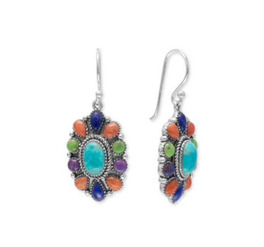 Oxidized Oval Multi Stone Flower and Sterling Silver Earrings - Sparks and Gem