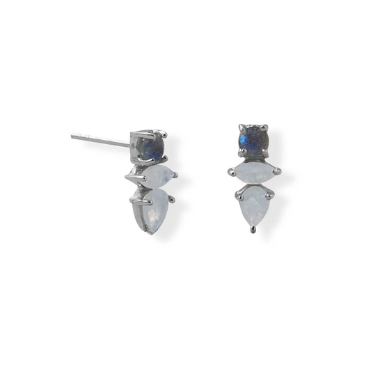 Geometric Rainbow Moonstone and Labradorite Gemstone Post Earrings - Sparks and Gem