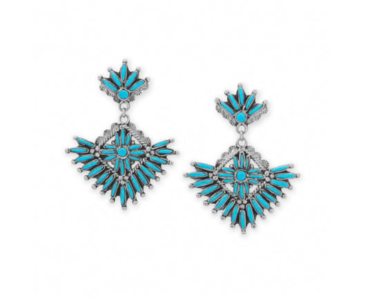 Handmade Oxidized Sterling Silver, Fan Design, Chandelier Earrings with Turquoise - Sparks and Gem