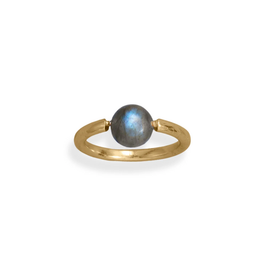 Round Labradorite Gemstone Yellow Gold Vermeil Mood Ring Band - Sparks and Gem