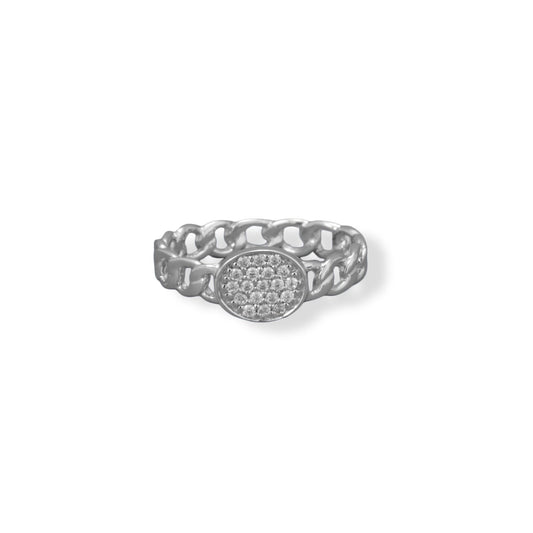 Sterling Silver, Stackable Link Ring Band with Pave Cubic Zirconia Oval Disk
- Sparks and Gem