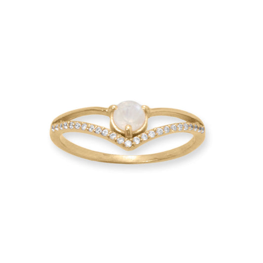 Rainbow Moonstone, Cubic Zirconia and 14 Karat Yellow Gold over Sterling Silver “V” Ring
 - Sparks and Gem