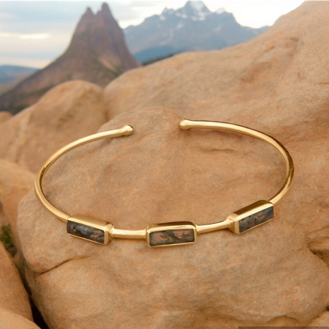 14 Karat Gold over 925 Sterling Silver Moss Agate Cuff Bracelet - Sparks and Gem (A+ BBB Rating)