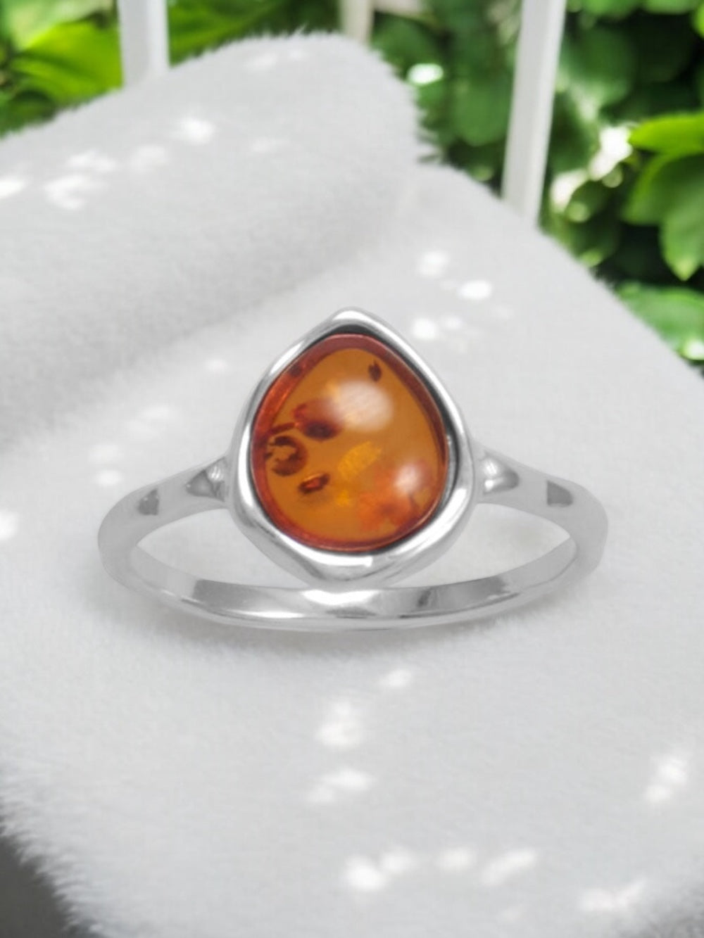 Hammered Pear Baltic Amber Sterling Silver Ring - Sparks and Gem