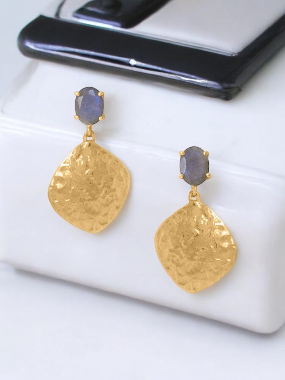 Labradorite and Textured Gold Drop Earrings - Sparks and Gem
