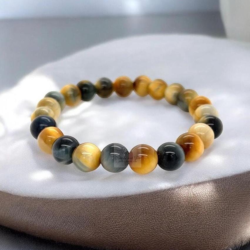 Blue and Golden Beaded Tiger’s Eye Gemstone Stretch Bracelet - Sparks and Gem