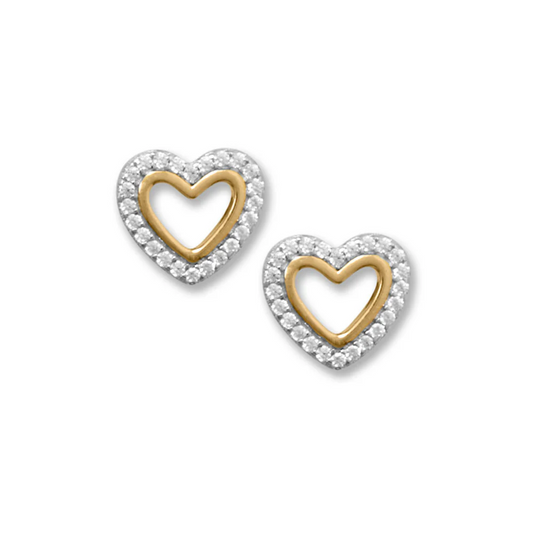 Two Tone Cubic Zirconia Heart Outline Sterling Silver Earrings - Sparks and Gem