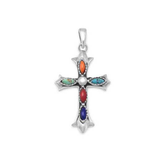 Oxidized Sterling Silver and Multicolor Stone Cross Pendant - Sparks and Gem