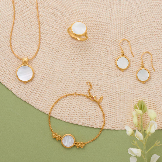 Antique Style Mother of Pearl Jewelry Set in Yellow Gold Vermeil
