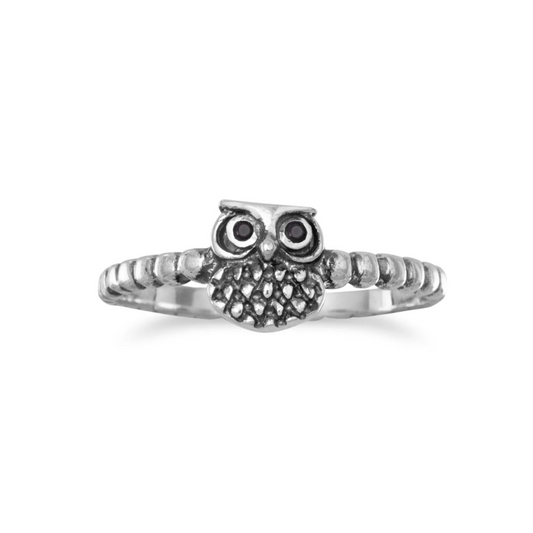 Small Owl Ring in Oxidized Sterling Silver - Sparks and Gem