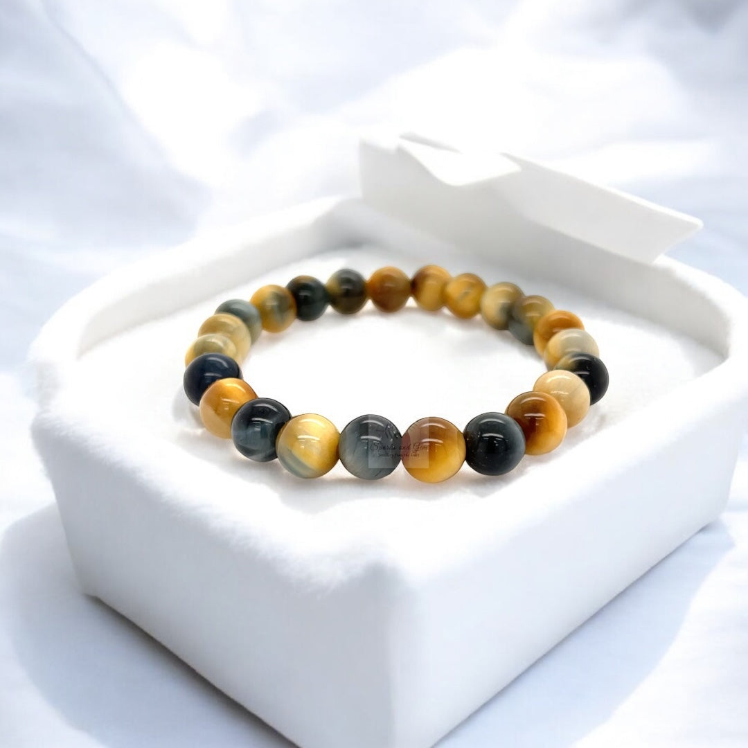 Blue and Golden Beaded Tiger’s Eye Gemstone Stretch Bracelet - Sparks and Gem